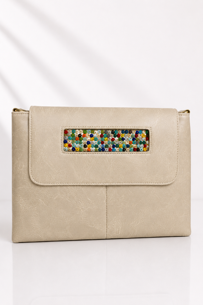 Beige Clutch with Multicolor Stone Accent